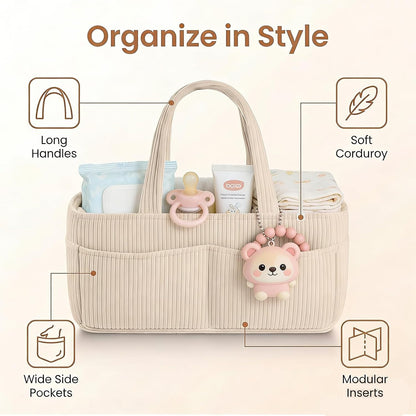 Baby Diaper Caddy Organizer - 14x9x7 Inch Corduroy Nursery Storage Baske with Removable Dividers, Baby Registry Must Haves, Portable Baby Changing Station for Essentials, Corduroy Cream