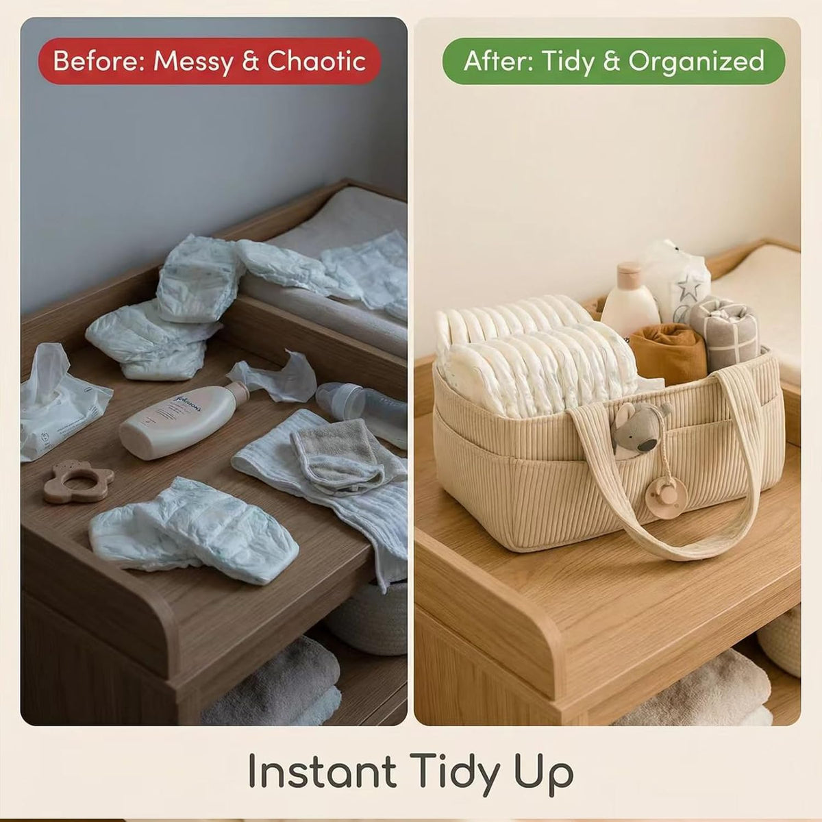 Baby Diaper Caddy Organizer - 14x9x7 Inch Corduroy Nursery Storage Baske with Removable Dividers, Baby Registry Must Haves, Portable Baby Changing Station for Essentials, Corduroy Cream