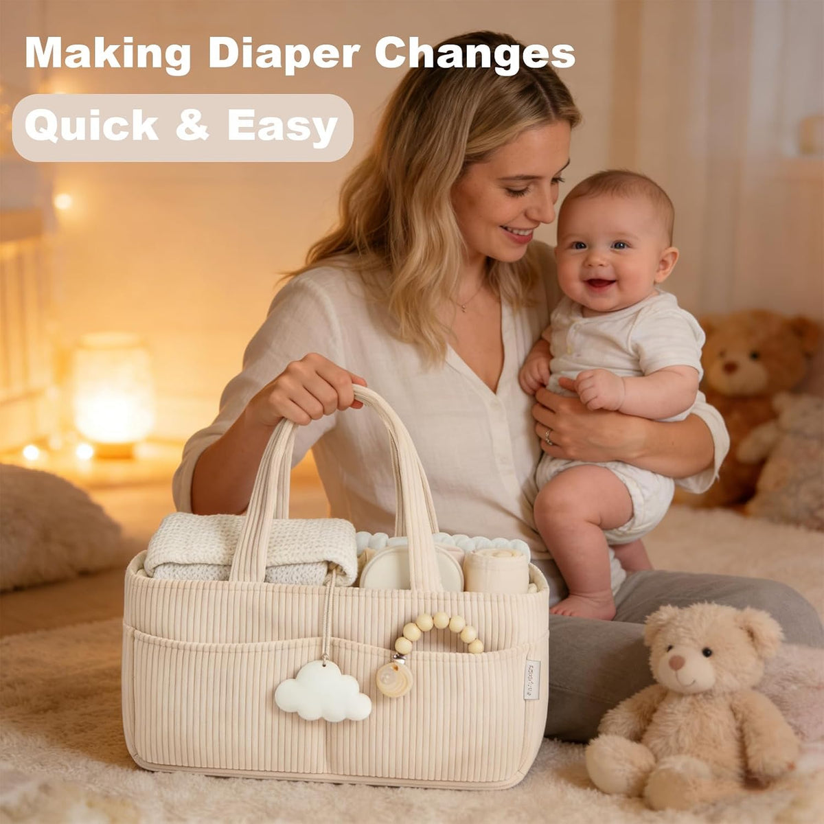 Baby Diaper Caddy Organizer - 14x9x7 Inch Corduroy Nursery Storage Baske with Removable Dividers, Baby Registry Must Haves, Portable Baby Changing Station for Essentials, Corduroy Cream