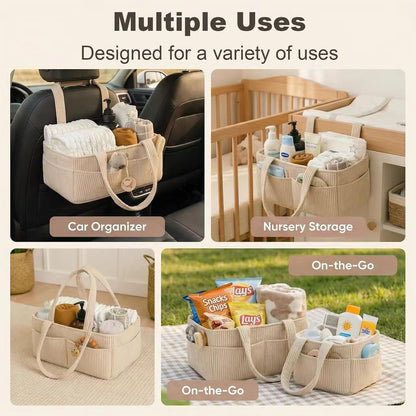 Baby Diaper Caddy Organizer - 14x9x7 Inch Corduroy Nursery Storage Baske with Removable Dividers, Baby Registry Must Haves, Portable Baby Changing Station for Essentials, Corduroy Cream