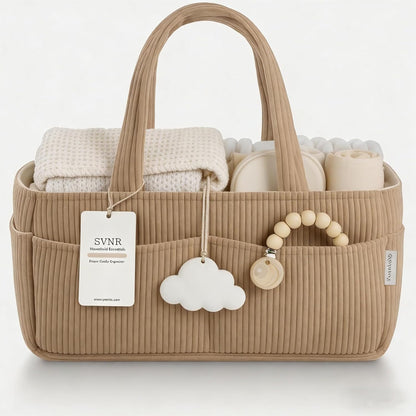 Baby Diaper Caddy Organizer - 14x9x7 Inch Corduroy Nursery Storage Baske with Removable Dividers, Baby Registry Must Haves, Portable Baby Changing Station for Essentials, Corduroy Cream