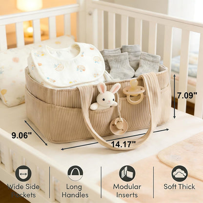 Baby Diaper Caddy Organizer - 14x9x7 Inch Corduroy Nursery Storage Baske with Removable Dividers, Baby Registry Must Haves, Portable Baby Changing Station for Essentials, Corduroy Cream