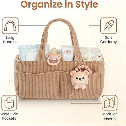 Baby Diaper Caddy Organizer - 14x9x7 Inch Corduroy Nursery Storage Baske with Removable Dividers, Baby Registry Must Haves, Portable Baby Changing Station for Essentials, Corduroy Cream