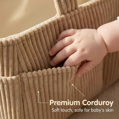 Baby Diaper Caddy Organizer - 14x9x7 Inch Corduroy Nursery Storage Baske with Removable Dividers, Baby Registry Must Haves, Portable Baby Changing Station for Essentials, Corduroy Cream