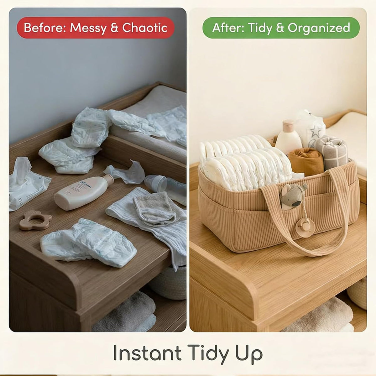 Baby Diaper Caddy Organizer - 14x9x7 Inch Corduroy Nursery Storage Baske with Removable Dividers, Baby Registry Must Haves, Portable Baby Changing Station for Essentials, Corduroy Cream
