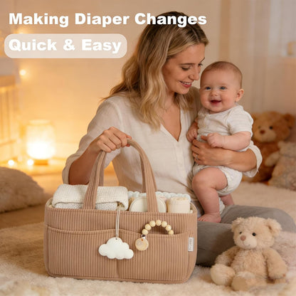 Baby Diaper Caddy Organizer - 14x9x7 Inch Corduroy Nursery Storage Baske with Removable Dividers, Baby Registry Must Haves, Portable Baby Changing Station for Essentials, Corduroy Cream