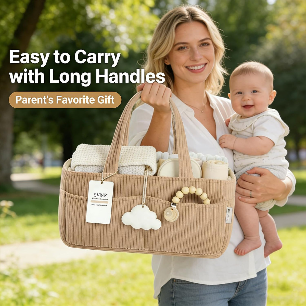 Baby Diaper Caddy Organizer - 14x9x7 Inch Corduroy Nursery Storage Baske with Removable Dividers, Baby Registry Must Haves, Portable Baby Changing Station for Essentials, Corduroy Cream
