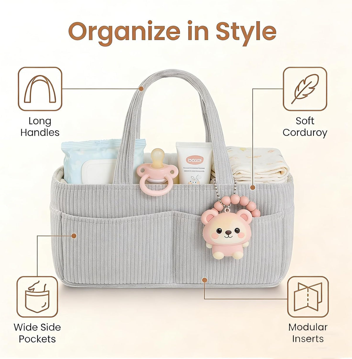 Baby Diaper Caddy Organizer - 14x9x7 Inch Corduroy Nursery Storage Baske with Removable Dividers, Baby Registry Must Haves, Portable Baby Changing Station for Essentials, Corduroy Cream