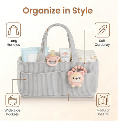 Baby Diaper Caddy Organizer - 14x9x7 Inch Corduroy Nursery Storage Baske with Removable Dividers, Baby Registry Must Haves, Portable Baby Changing Station for Essentials, Corduroy Cream