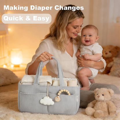 Baby Diaper Caddy Organizer - 14x9x7 Inch Corduroy Nursery Storage Baske with Removable Dividers, Baby Registry Must Haves, Portable Baby Changing Station for Essentials, Corduroy Cream