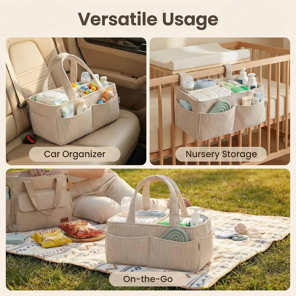 Baby Diaper Caddy Organizer - 14x9x7 Inch Corduroy Nursery Storage Baske with Removable Dividers, Baby Registry Must Haves, Portable Baby Changing Station for Essentials, Corduroy Cream
