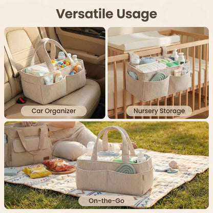 Baby Diaper Caddy Organizer - 14x9x7 Inch Corduroy Nursery Storage Baske with Removable Dividers, Baby Registry Must Haves, Portable Baby Changing Station for Essentials, Corduroy Cream