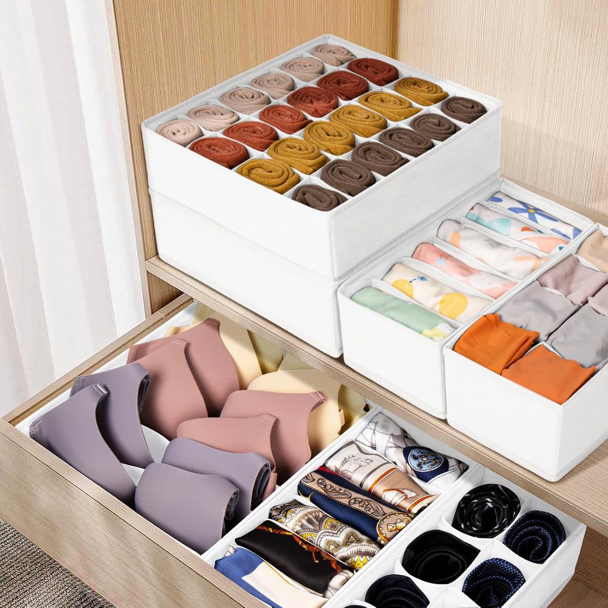 Drawer Organizer Clothes, Dresser Organizer Bins for Baby Clothes, Underwear Sock, Fabric Closet Organization and Storage Dividers for Nursery Bedroom (96 Compartments, White)