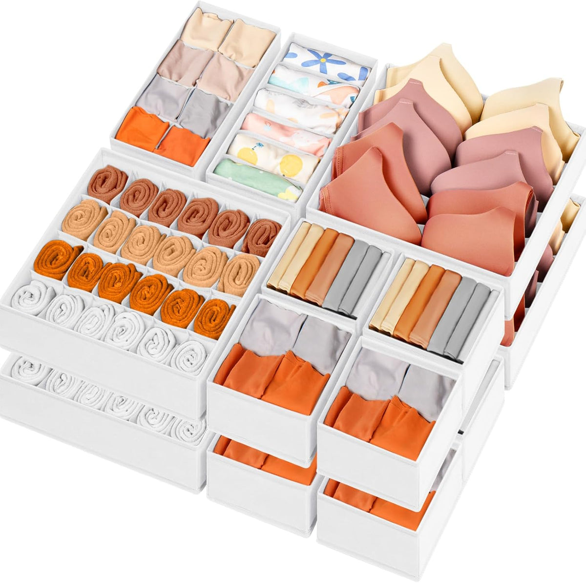 Drawer Organizer Clothes, Dresser Organizer Bins for Baby Clothes, Underwear Sock, Fabric Closet Organization and Storage Dividers for Nursery Bedroom (96 Compartments, White)