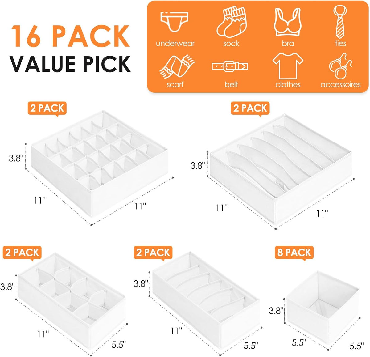 Drawer Organizer Clothes, Dresser Organizer Bins for Baby Clothes, Underwear Sock, Fabric Closet Organization and Storage Dividers for Nursery Bedroom (96 Compartments, White)