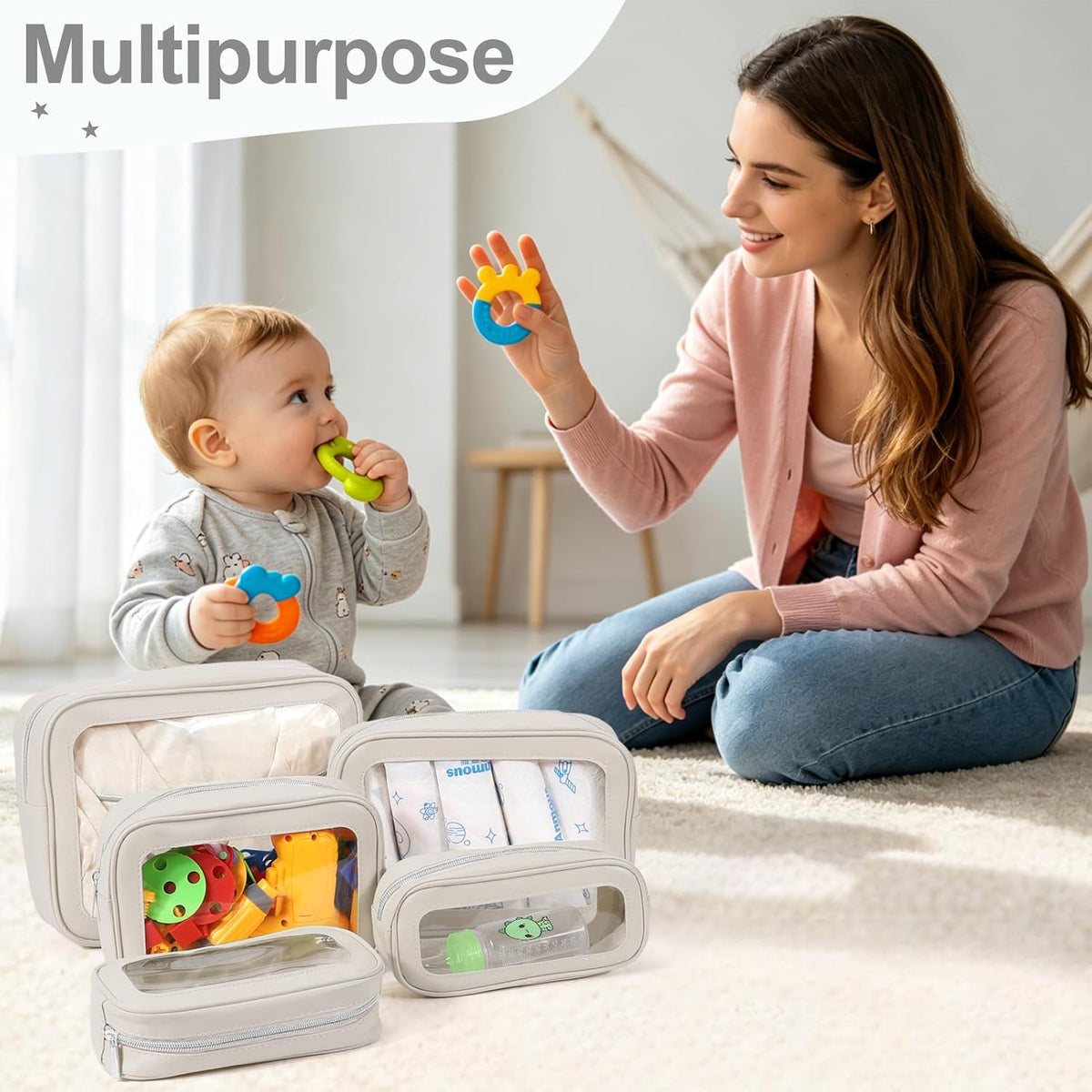 Diaper Bag Organizer Pouch Set, TSA Approved Toiletry Bag，Clear Waterproof TPU Makeup Bag Set Travel Organizer Bags for Women and Kids