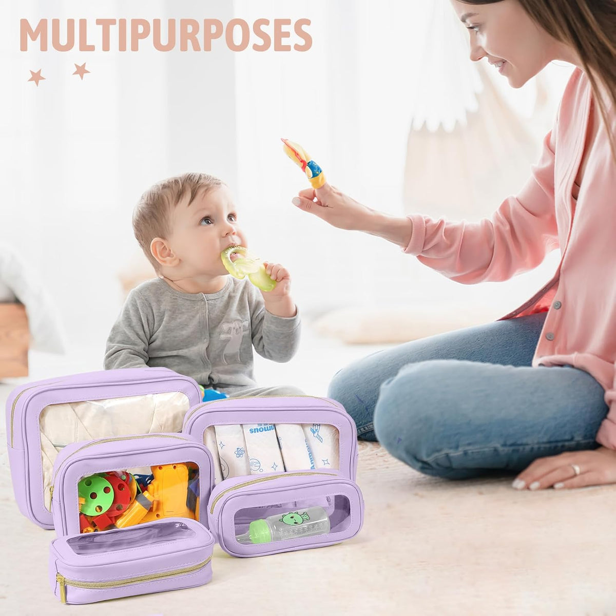 Diaper Bag Organizer Pouch Set, TSA Approved Toiletry Bag，Clear Waterproof TPU Makeup Bag Set Travel Organizer Bags for Women and Kids