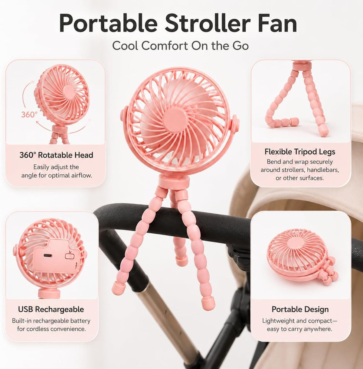 Portable Stroller Fan Clip On Rechargeable Flexible Tripod Fan for Outdoor