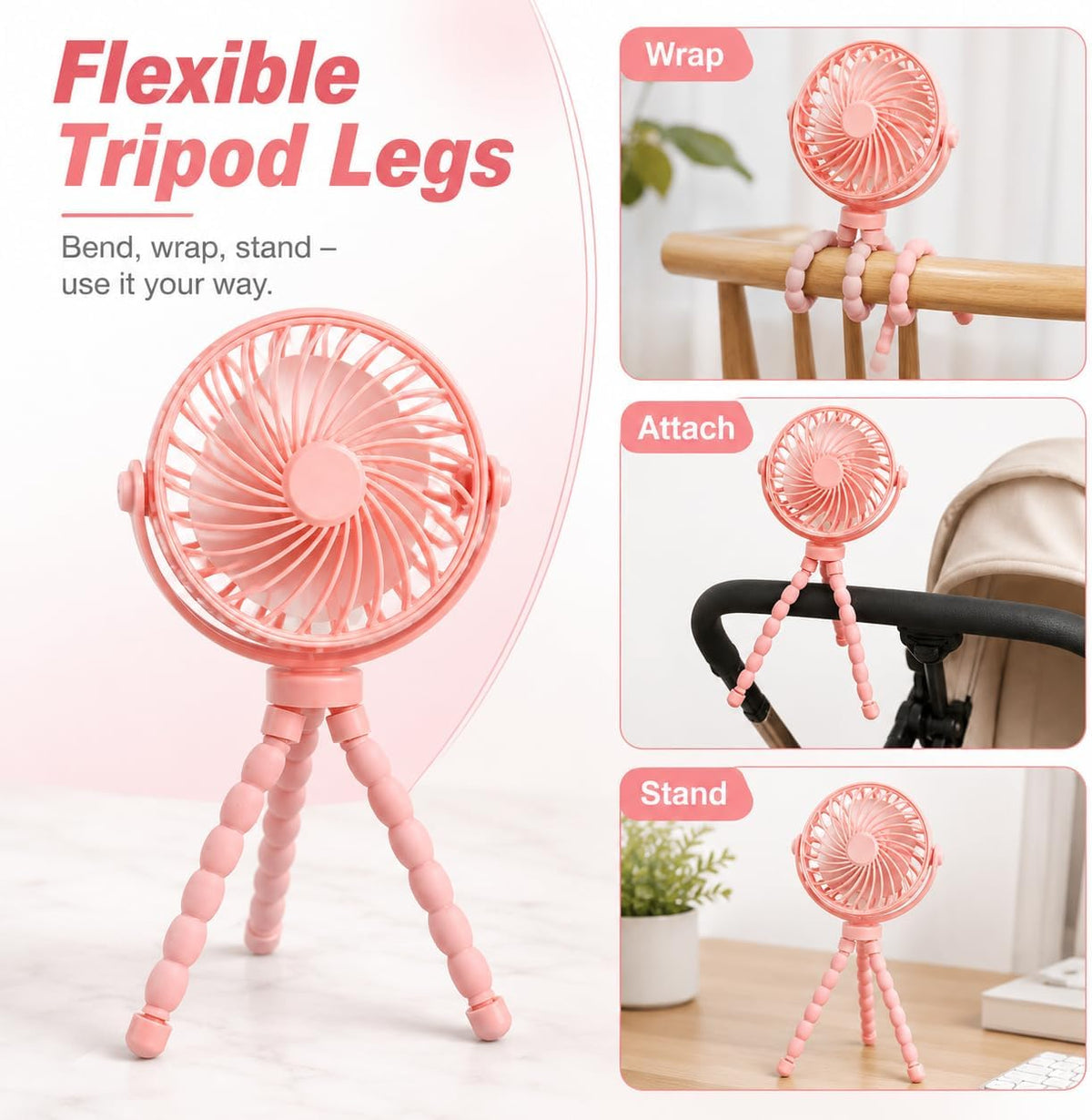 Portable Stroller Fan Clip On Rechargeable Flexible Tripod Fan for Outdoor