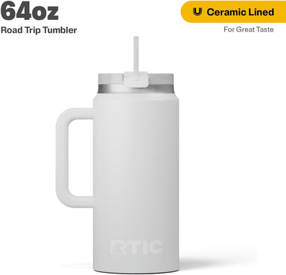 64 oz Ceramic Lined Insulated Road Trip Tumbler, Leak-Resistant Lid, Black