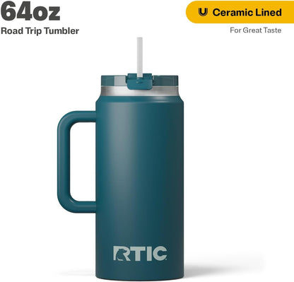 64 oz Ceramic Lined Insulated Road Trip Tumbler, Leak-Resistant Lid, Black
