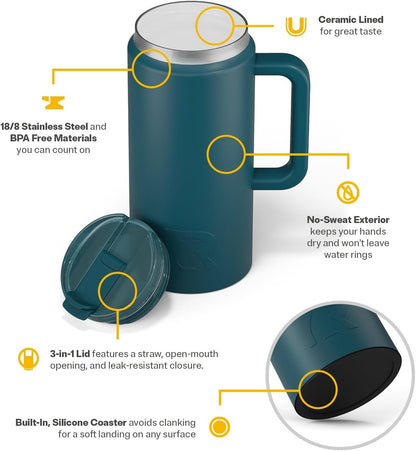 64 oz Ceramic Lined Insulated Road Trip Tumbler, Leak-Resistant Lid, Black