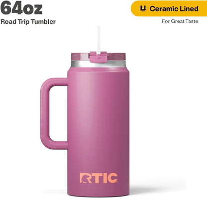 64 oz Ceramic Lined Insulated Road Trip Tumbler, Leak-Resistant Lid, Black