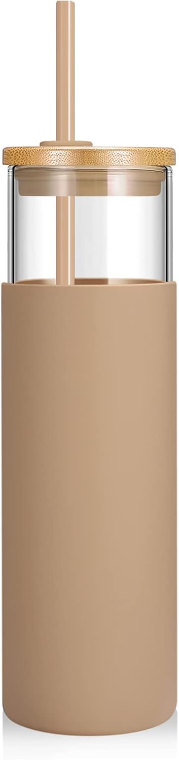 16 oz Glass Tumbler with Lids and Straws, Reusable Iced Coffee Cups | Borosilicate Glass Cups with Bamboo Lid, Silicone Sleeve, Smoothie Cup, Dishwasher Safe, Car Cup Holder, Iced Coffee Tumbler