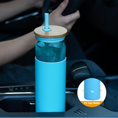 16 oz Glass Tumbler with Lids and Straws, Reusable Iced Coffee Cups | Borosilicate Glass Cups with Bamboo Lid, Silicone Sleeve, Smoothie Cup, Dishwasher Safe, Car Cup Holder, Iced Coffee Tumbler