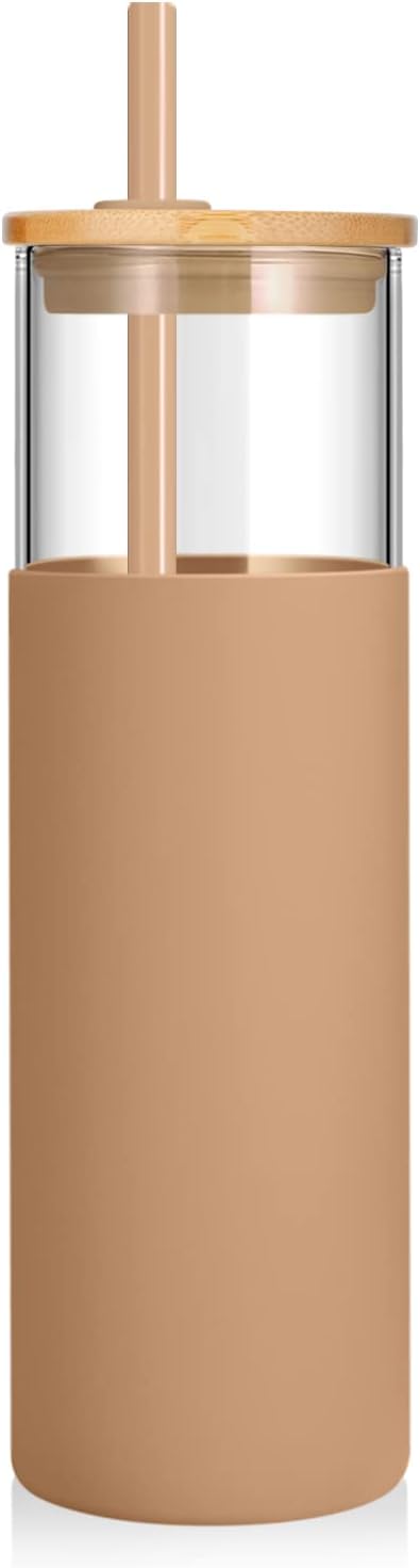 16 oz Glass Tumbler with Lids and Straws, Reusable Iced Coffee Cups | Borosilicate Glass Cups with Bamboo Lid, Silicone Sleeve, Smoothie Cup, Dishwasher Safe, Car Cup Holder, Iced Coffee Tumbler