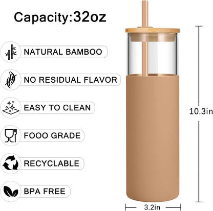 16 oz Glass Tumbler with Lids and Straws, Reusable Iced Coffee Cups | Borosilicate Glass Cups with Bamboo Lid, Silicone Sleeve, Smoothie Cup, Dishwasher Safe, Car Cup Holder, Iced Coffee Tumbler
