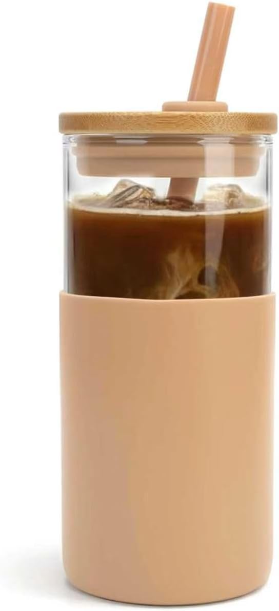 16 oz Glass Tumbler with Lids and Straws, Reusable Iced Coffee Cups | Borosilicate Glass Cups with Bamboo Lid, Silicone Sleeve, Smoothie Cup, Dishwasher Safe, Car Cup Holder, Iced Coffee Tumbler