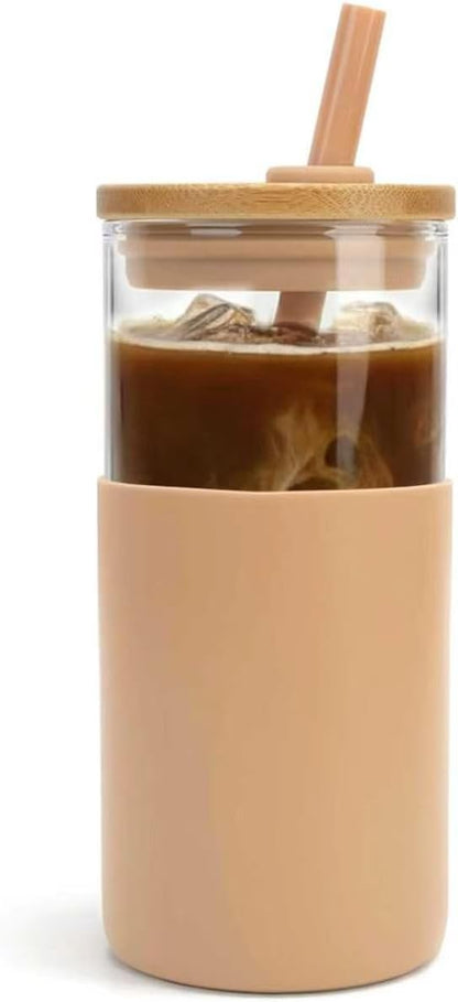 16 oz Glass Tumbler with Lids and Straws, Reusable Iced Coffee Cups | Borosilicate Glass Cups with Bamboo Lid, Silicone Sleeve, Smoothie Cup, Dishwasher Safe, Car Cup Holder, Iced Coffee Tumbler