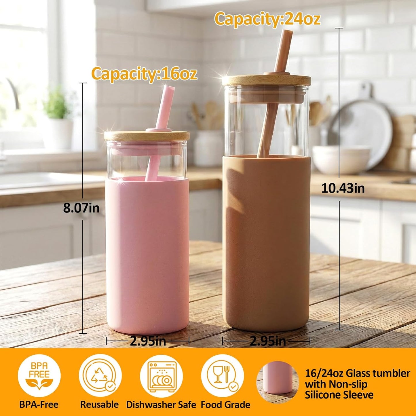 16 oz Glass Tumbler with Lids and Straws, Reusable Iced Coffee Cups | Borosilicate Glass Cups with Bamboo Lid, Silicone Sleeve, Smoothie Cup, Dishwasher Safe, Car Cup Holder, Iced Coffee Tumbler