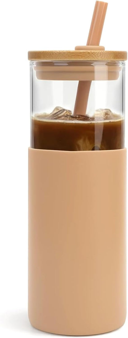 16 oz Glass Tumbler with Lids and Straws, Reusable Iced Coffee Cups | Borosilicate Glass Cups with Bamboo Lid, Silicone Sleeve, Smoothie Cup, Dishwasher Safe, Car Cup Holder, Iced Coffee Tumbler