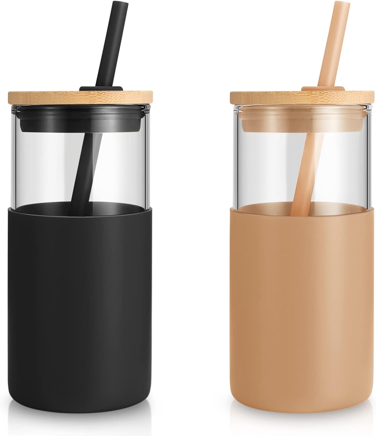 16 oz Glass Tumbler with Lids and Straws, Reusable Iced Coffee Cups | Borosilicate Glass Cups with Bamboo Lid, Silicone Sleeve, Smoothie Cup, Dishwasher Safe, Car Cup Holder, Iced Coffee Tumbler