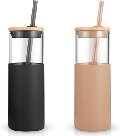 16 oz Glass Tumbler with Lids and Straws, Reusable Iced Coffee Cups | Borosilicate Glass Cups with Bamboo Lid, Silicone Sleeve, Smoothie Cup, Dishwasher Safe, Car Cup Holder, Iced Coffee Tumbler