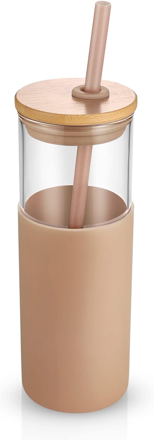 16 oz Glass Tumbler with Lids and Straws, Reusable Iced Coffee Cups | Borosilicate Glass Cups with Bamboo Lid, Silicone Sleeve, Smoothie Cup, Dishwasher Safe, Car Cup Holder, Iced Coffee Tumbler