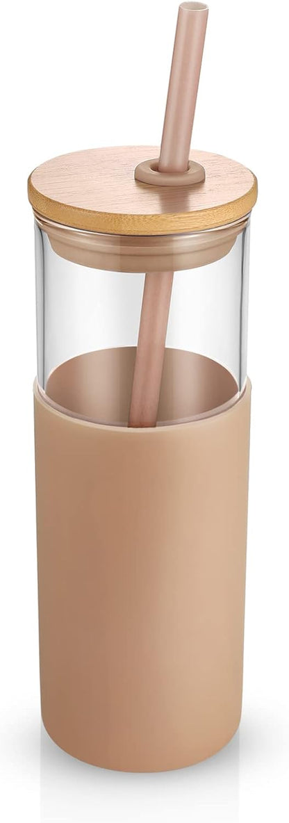 16 oz Glass Tumbler with Lids and Straws, Reusable Iced Coffee Cups | Borosilicate Glass Cups with Bamboo Lid, Silicone Sleeve, Smoothie Cup, Dishwasher Safe, Car Cup Holder, Iced Coffee Tumbler