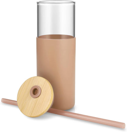 16 oz Glass Tumbler with Lids and Straws, Reusable Iced Coffee Cups | Borosilicate Glass Cups with Bamboo Lid, Silicone Sleeve, Smoothie Cup, Dishwasher Safe, Car Cup Holder, Iced Coffee Tumbler