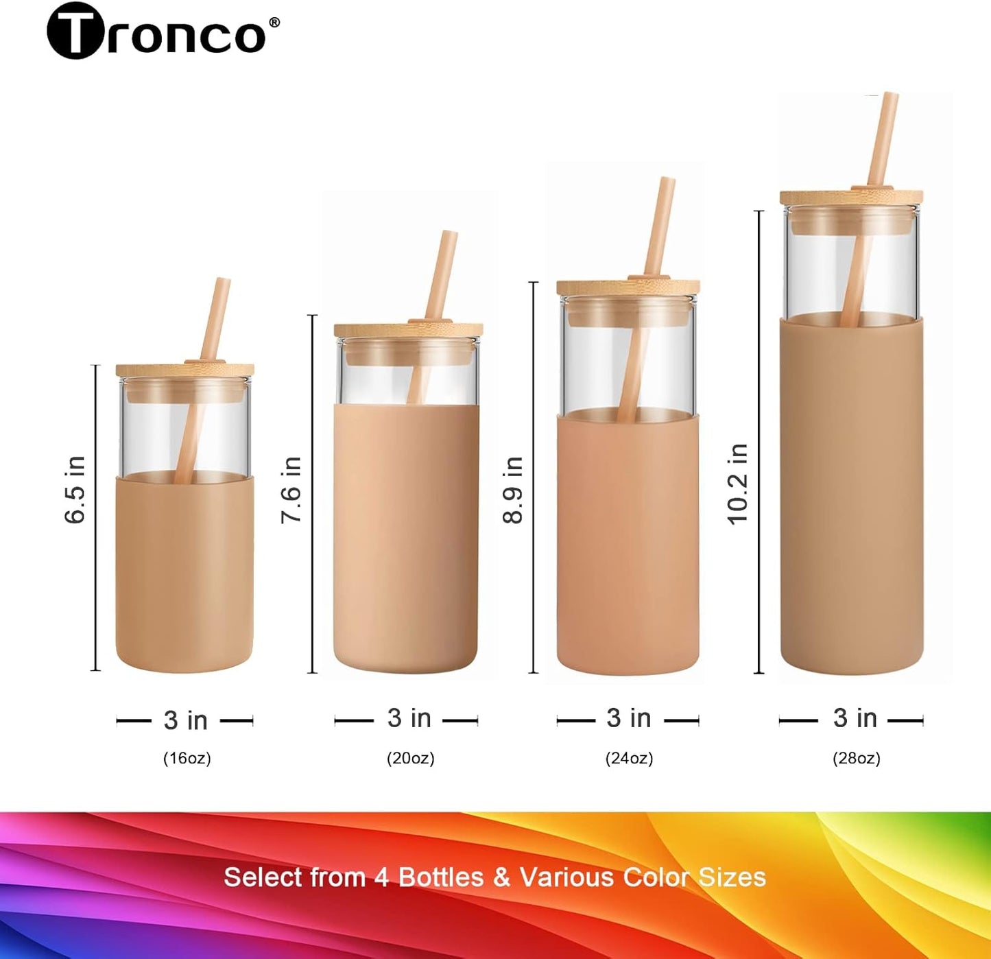 16 oz Glass Tumbler with Lids and Straws, Reusable Iced Coffee Cups | Borosilicate Glass Cups with Bamboo Lid, Silicone Sleeve, Smoothie Cup, Dishwasher Safe, Car Cup Holder, Iced Coffee Tumbler