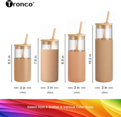 16 oz Glass Tumbler with Lids and Straws, Reusable Iced Coffee Cups | Borosilicate Glass Cups with Bamboo Lid, Silicone Sleeve, Smoothie Cup, Dishwasher Safe, Car Cup Holder, Iced Coffee Tumbler