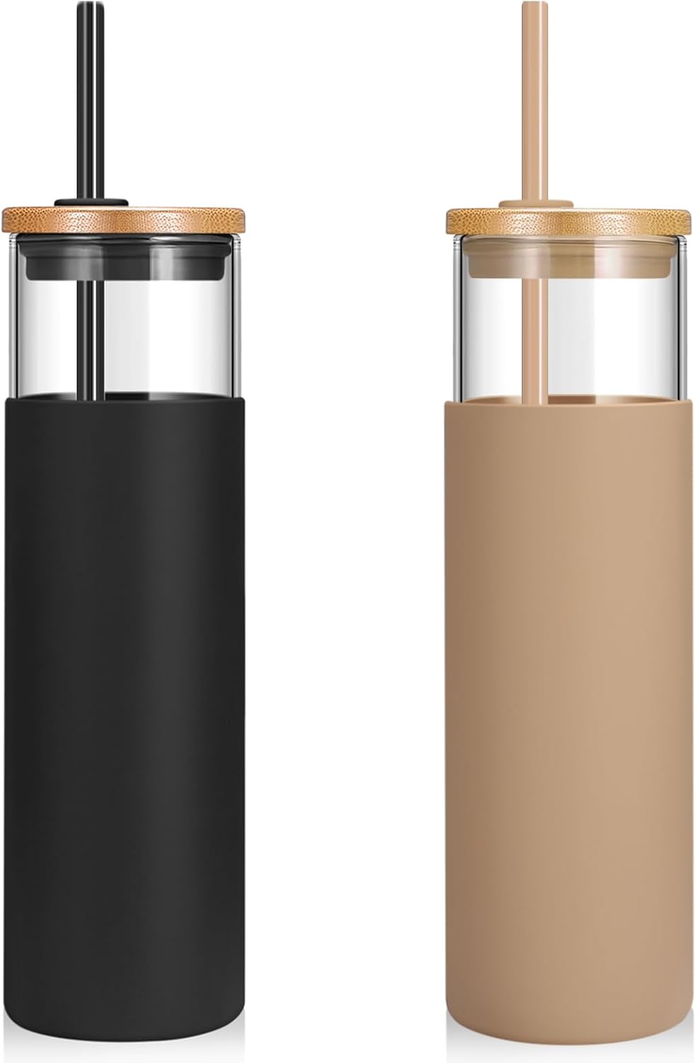 16 oz Glass Tumbler with Lids and Straws, Reusable Iced Coffee Cups | Borosilicate Glass Cups with Bamboo Lid, Silicone Sleeve, Smoothie Cup, Dishwasher Safe, Car Cup Holder, Iced Coffee Tumbler