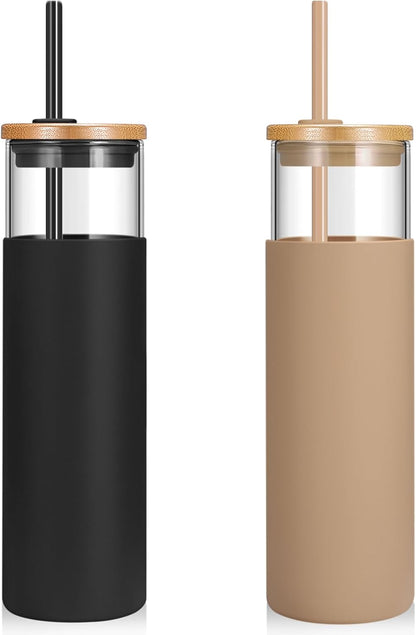 16 oz Glass Tumbler with Lids and Straws, Reusable Iced Coffee Cups | Borosilicate Glass Cups with Bamboo Lid, Silicone Sleeve, Smoothie Cup, Dishwasher Safe, Car Cup Holder, Iced Coffee Tumbler