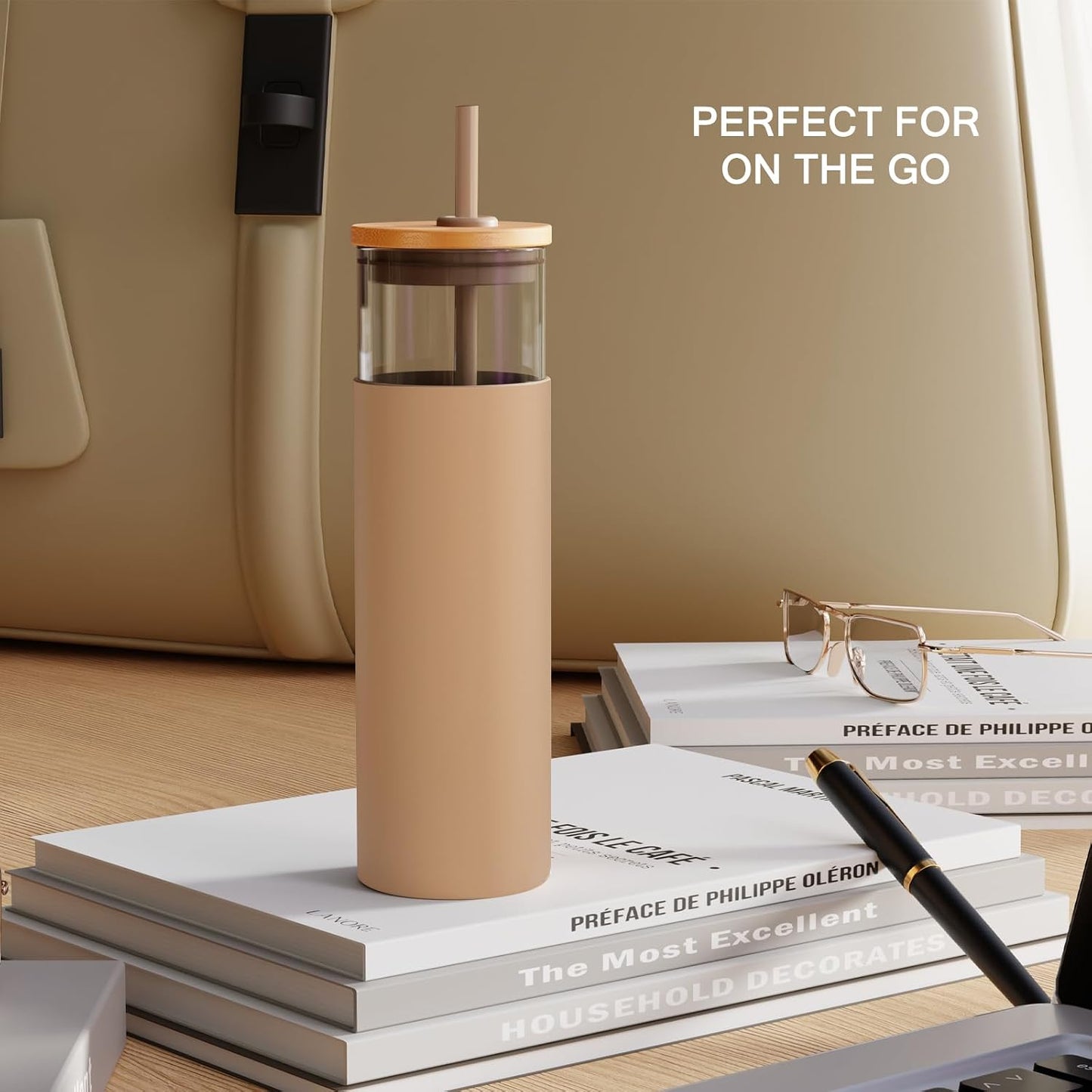 16 oz Glass Tumbler with Lids and Straws, Reusable Iced Coffee Cups | Borosilicate Glass Cups with Bamboo Lid, Silicone Sleeve, Smoothie Cup, Dishwasher Safe, Car Cup Holder, Iced Coffee Tumbler