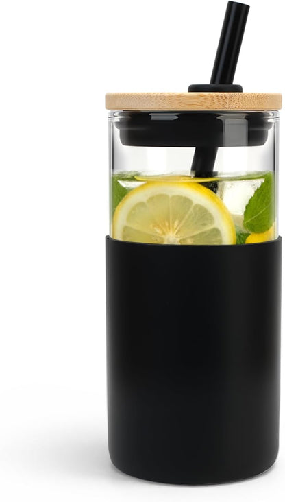16 oz Glass Tumbler with Lids and Straws, Reusable Iced Coffee Cups | Borosilicate Glass Cups with Bamboo Lid, Silicone Sleeve, Smoothie Cup, Dishwasher Safe, Car Cup Holder, Iced Coffee Tumbler