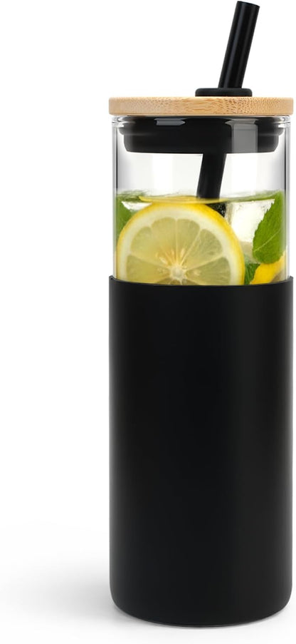 16 oz Glass Tumbler with Lids and Straws, Reusable Iced Coffee Cups | Borosilicate Glass Cups with Bamboo Lid, Silicone Sleeve, Smoothie Cup, Dishwasher Safe, Car Cup Holder, Iced Coffee Tumbler