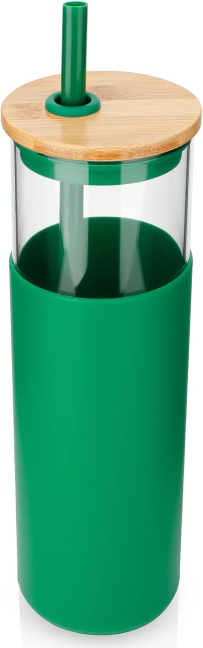 16 oz Glass Tumbler with Lids and Straws, Reusable Iced Coffee Cups | Borosilicate Glass Cups with Bamboo Lid, Silicone Sleeve, Smoothie Cup, Dishwasher Safe, Car Cup Holder, Iced Coffee Tumbler