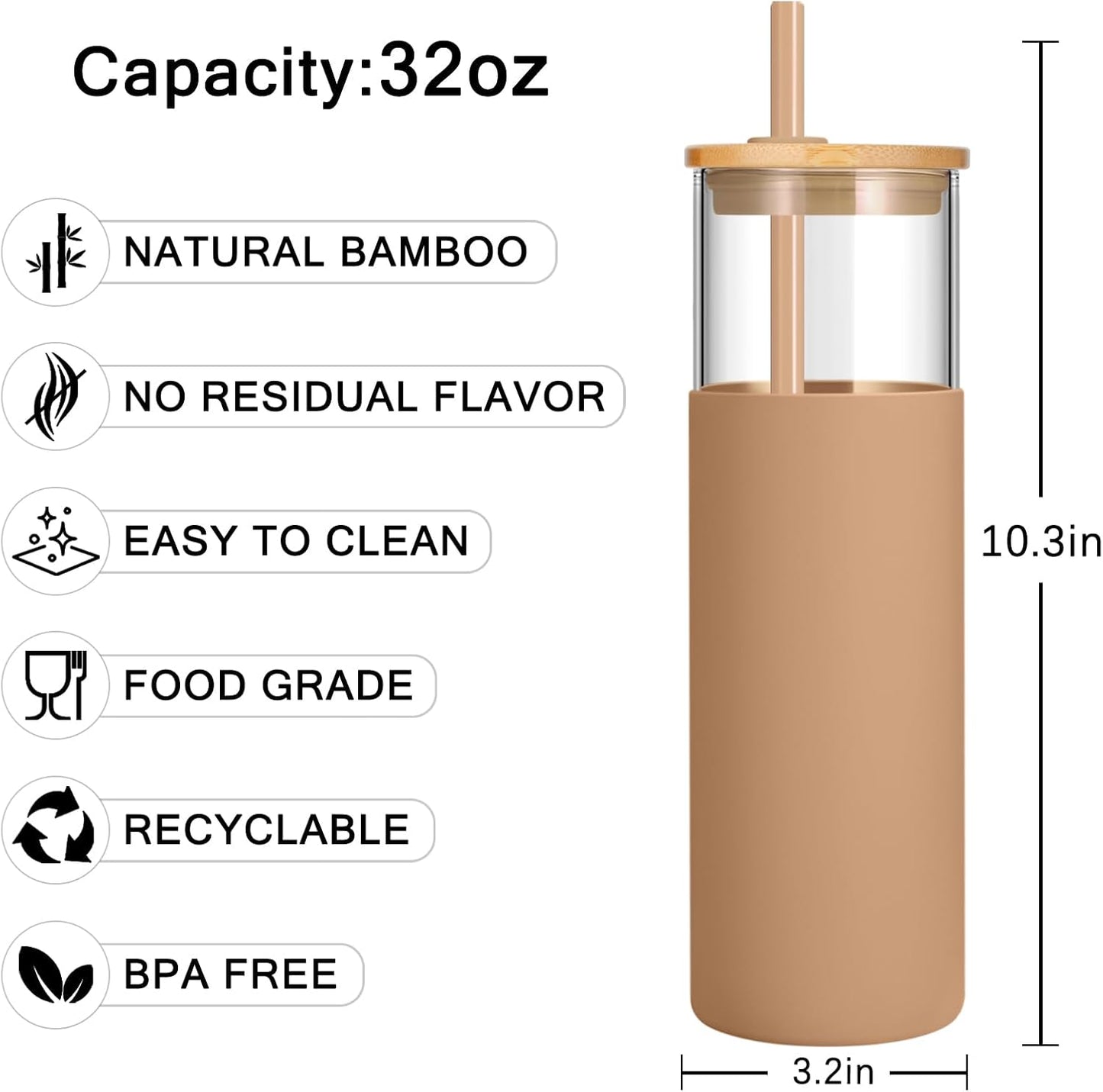 16 oz Glass Tumbler with Lids and Straws, Reusable Iced Coffee Cups | Borosilicate Glass Cups with Bamboo Lid, Silicone Sleeve, Smoothie Cup, Dishwasher Safe, Car Cup Holder, Iced Coffee Tumbler