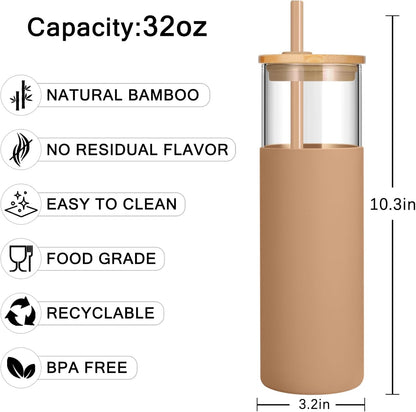 16 oz Glass Tumbler with Lids and Straws, Reusable Iced Coffee Cups | Borosilicate Glass Cups with Bamboo Lid, Silicone Sleeve, Smoothie Cup, Dishwasher Safe, Car Cup Holder, Iced Coffee Tumbler
